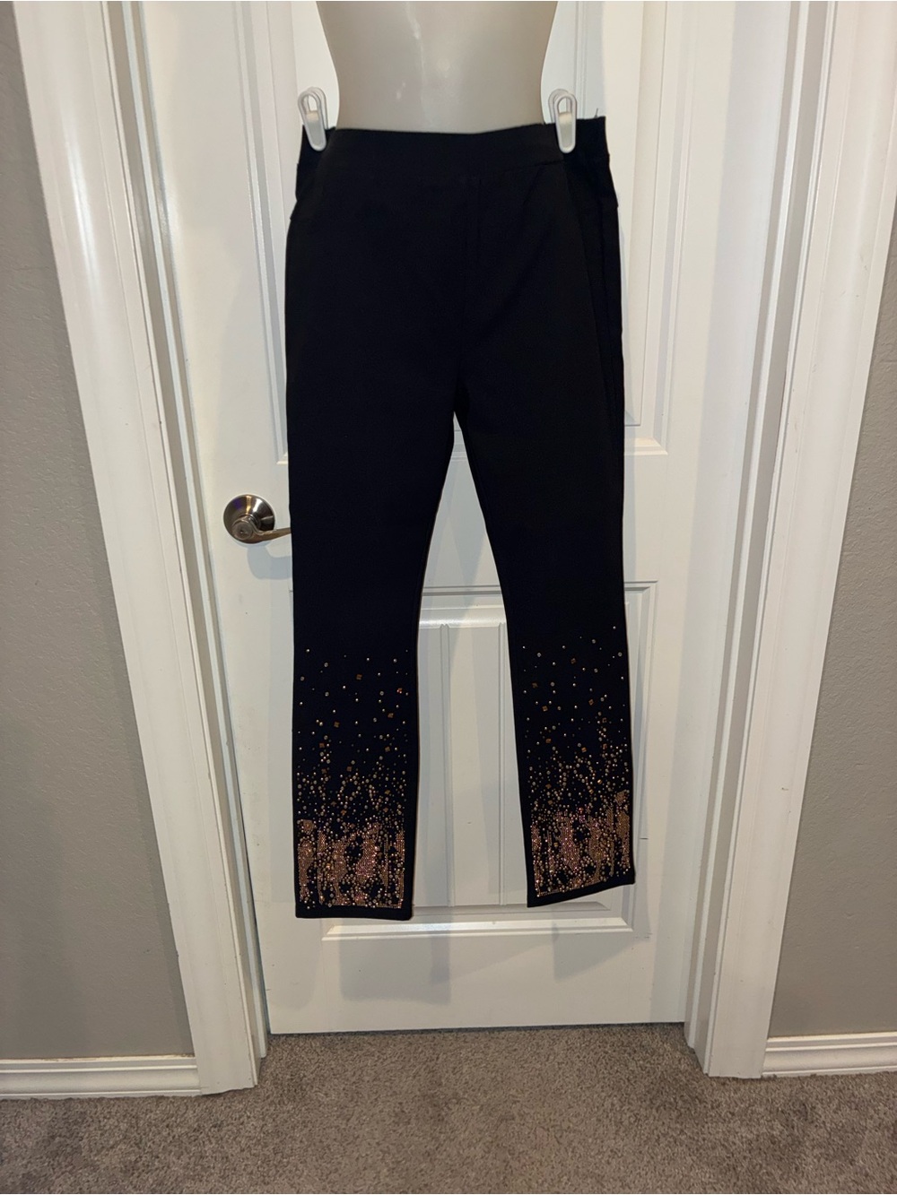 Simon Chang Black Straight Leg Jeans with Rose Gold Hem Detail